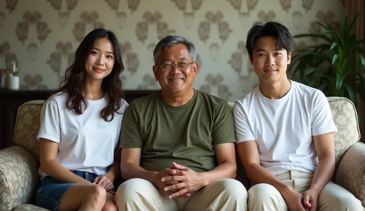 50 year old Indonesian man, slightly fat, short, uneven gray hair, wearing a military green t-shirt, sitting on a single sofa. On the right side there is a young MAN 28 year old with medium-length, medium hair, wearing a white t-shirt, short cream chinos. ...