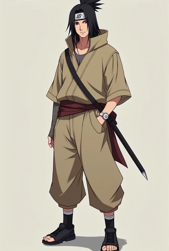  make a fictional male character inspired by the ANIME NARUTO,  He is a 16-year-old teenager , average height and adult appearance , no mustache, Does he have a konoha headband , has red eyes,  long black hair , He wears loose beige clothing ,  he is a hea...