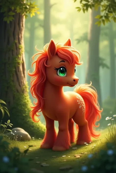 Create Magic the Gathering style: a beautiful little furry red pony with green eyes in a forest