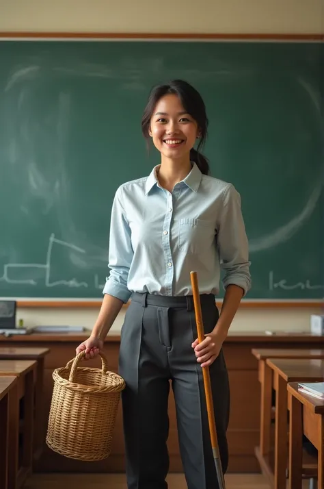 Teacher holding a basket, holding a stick, standing in front of the board