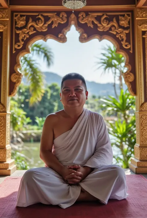 A devout man meditates in peace in a Thai temple in a rural area