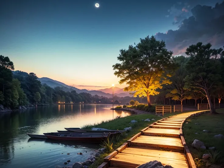  night view與一些亞洲人的房子, Vietnam, Vietnam, River , moon,  lake in the foreground ,  Calm Night ,  green and blue ,  digital illustration ,  4K highly detailed digital art ,  night view, anime art wallpaper 4k,   anime art wallpaper 4k  ,  4K Detailed Digital ...