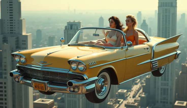 A retro car from the 1960s flies ,  inside the car 2 realistic girls in a retro suit with big breasts , against the background of futuristic retro new york 