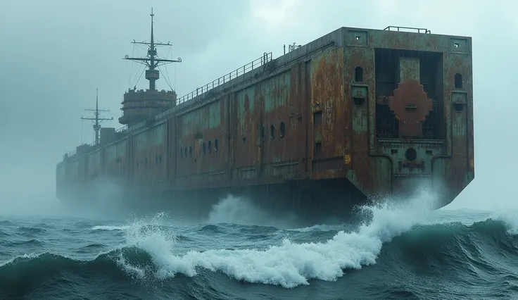 old rusted huge bunker in ocean in stormy rain