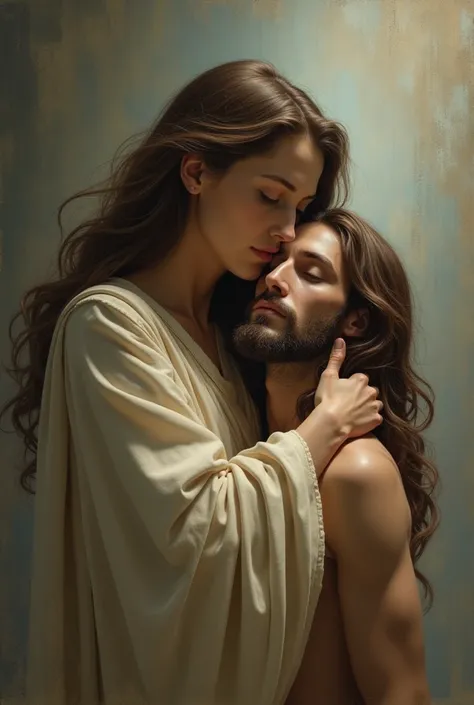 Woman embracing Jesus , holding it with both arms so that the head of Jesus is on the womans chest