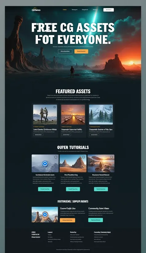 A vertical homepage layout for CGHeven, featuring a sleek dark gray background with vibrant teal and orange accents. At the top, a sticky navigation bar includes Home, Assets, Tutorials, About, Support Us, and a search bar. The hero section displays a stun...