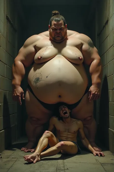 Fat woman crushing a skinny man