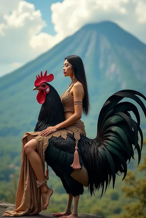 (( top quality)), ((masterpiece)), (detail), heavenly beauty Aishwarya , perfect facial detail , curvy full body,a goddess is sitting on a black rooster and the background is of a majestic mountain and the goddess is sarong Java and kebaya bali, depth of f...