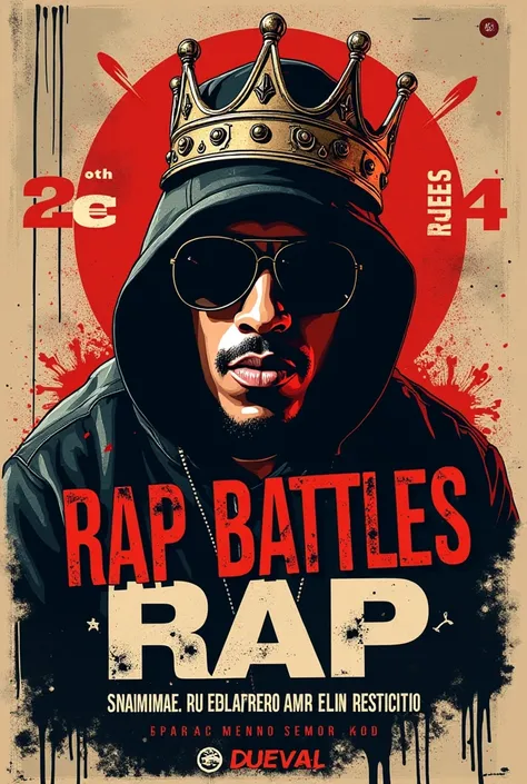  Create me a poster announcing some rap battles on the 26th with registration of 2€ at 17:00 and the place in the San Pedro amphitheater do it urban style with a crown and blood