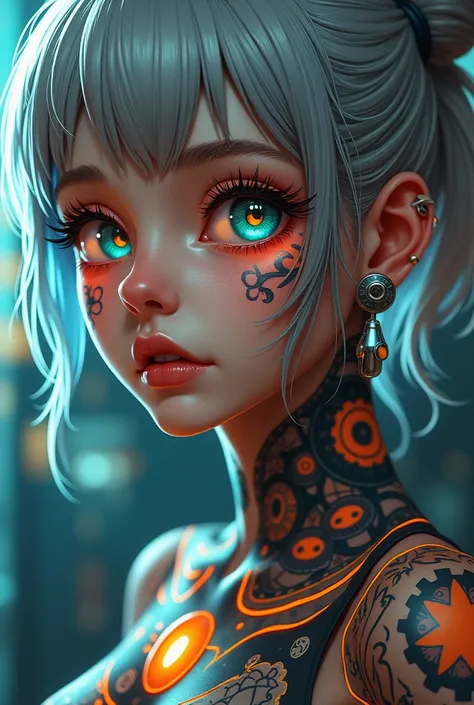 A young woman, positioned from the mid-chest up, with a complex, artistic face and neck tattoo design.  Her skin tone is a pale, cool-toned white.  Her expression is neutral or slightly contemplative.  Her eyes are a striking blue with a glowing, golden hi...