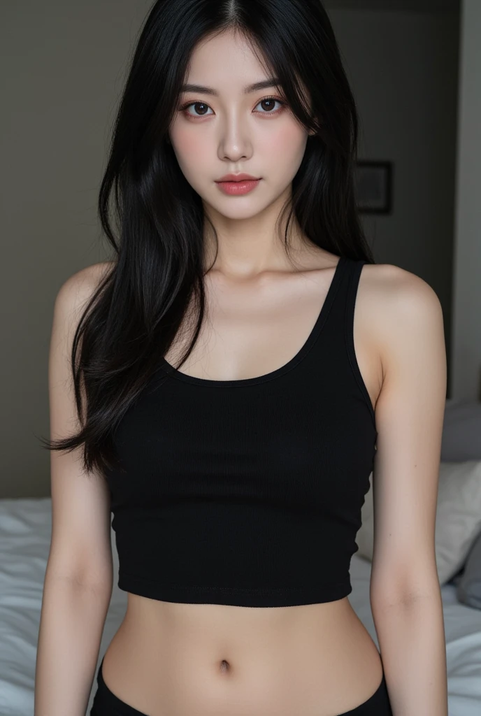 (( best quality , 8k,  masterpiece: 1.3)), whole body , Clear focus: 1.2, Distinctive style: 1.4, Abs: 1.2, ((Black hair, big: 1.2)),  black tank top ,  Detailed facial and skin details.,  fine eyes , Double eyelids