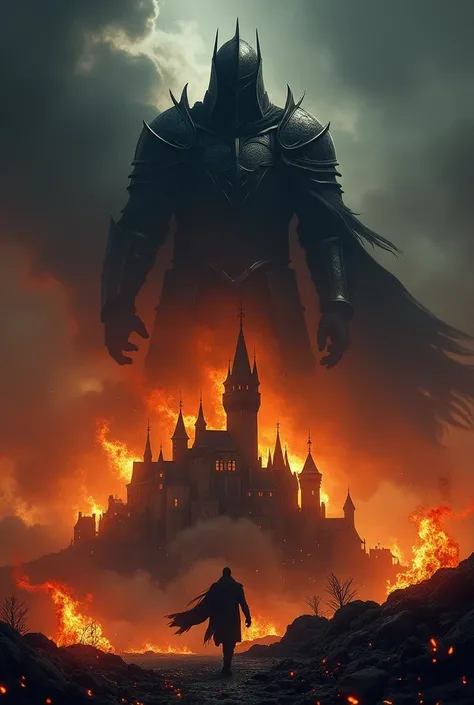 Poster of a burning castle, with a dark knight simulating a shadow that hits the castle from above, in the sky