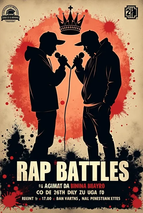  Create me a poster announcing some rap battles on the 26th with registration of 2€ at 17:00 and the place in the San Pedro amphitheater do it urban style with a crown and blood and a silhouette of 2 rappers with a microphone 