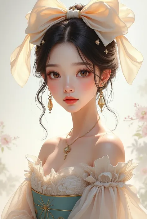 a girl in a dress with a big bow on her head, by Lü Ji, korean artist,wearing Kimono,portrait of female korean idol, eye white). full body realistic, realistic anime art style, kawaii realistic portrait, realistic anime artstyle, realistic anime 3 d style,...