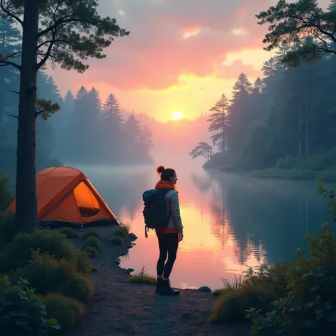 sunrise at the lake and mist behind rain forest, and a camping women, realistic style wide angle shot