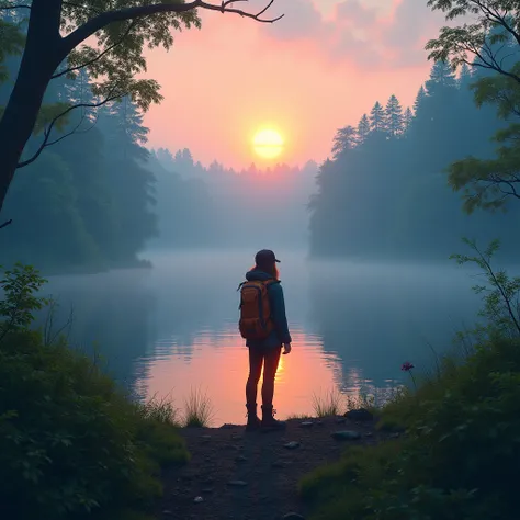 sunrise at the lake and mist behind rain forest, and a camping women, realistic style wide angle shot