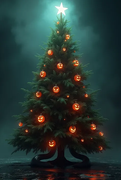 A beautifully decorated Christmas tree with glowing ornaments. Upon closer inspection, the ornaments reveal sinister faces and a serpent coiled around the trunk."