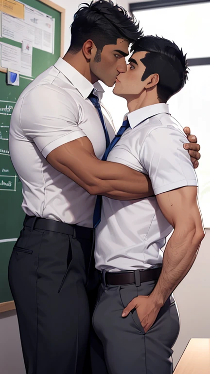 Huge bulge masterpiece, handsome indian, clear face and eyes, best quality, muscular, bara, 40 years old indian hairy body tall muscular male doing kissing with his short length boyfriend, front opened school uniform shirt with schoo uniform trouser,long b...