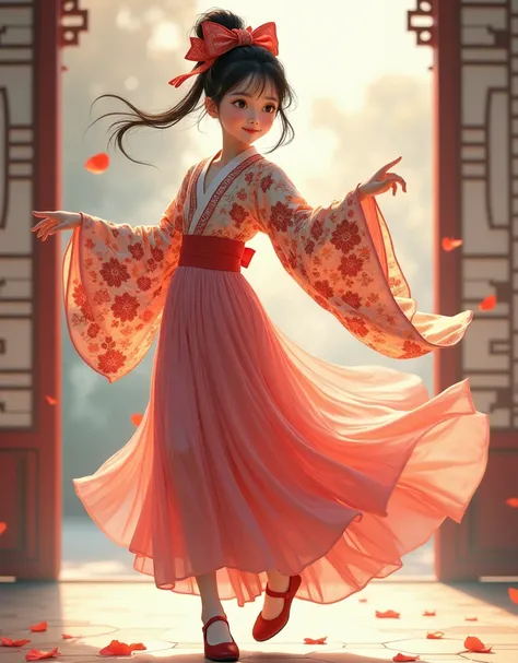 a girl in a dress with a big bow on her head, by Lü Ji, korean artist,she is Dancing, Wide angel photo,wearing a beautiful shoe,wearing Kimono,portrait of female korean idol, eye white). full body realistic, realistic anime art style, kawaii realistic port...