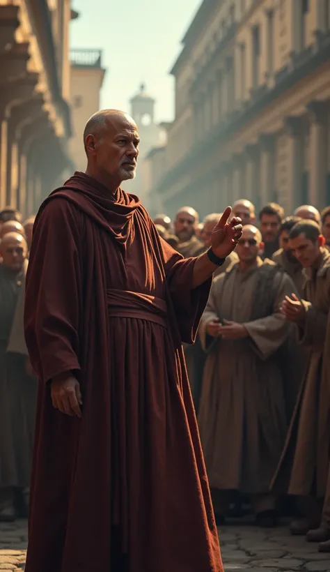 A Very Clear 4K Ultra HD Dynamic Image Of ""The monks face is stern yet righteous, pointing toward the men in the crowd. The woman stands behind, calm yet with a confident posture."