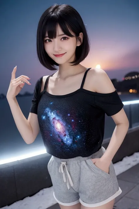 masterpiece, best quality, FHD, female, evil smiling, wink, walking, looking back, bob, bangs pinned back, diagonal bangs, hair between eyes, black hair, black eyes, big eyes, slender, lanky, drop shoulder tee, shorts, nail polish, cute face, japanese idol...