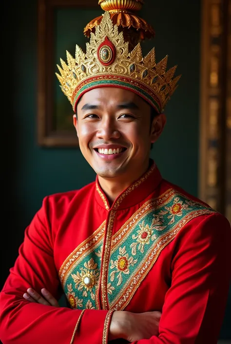 arafed ลิเก ชาย in a red dress and headdress smiling, wearing traditional garb, traditional costume, dramatic smile pose intricate, sukhothai costume, traditional dress, traditional beauty, traditional clothes, wearing an ornate outfit, traditional clothin...