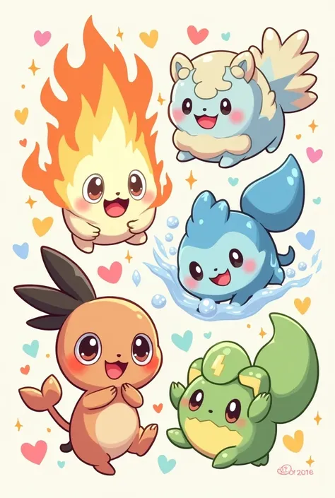 A cute and colorful illustration of multiple Pokémon in a playful, chibi-style, each representing different elements like Fire, Water, Grass, Electric, and more. The Pokémon are small, round, and have big expressive eyes, with adorable features like tiny p...