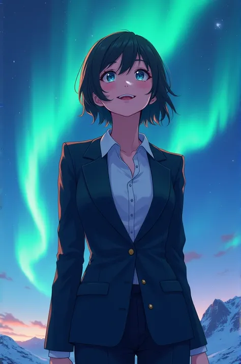  Creates an upper body photo of an anime character， Anime name Chain Saw ， female character Pava ， Character expression High chill band is cheerful ，Wearing a suit ， Time for the evening ， background under the aurora of the North Pole ， character looks up ...