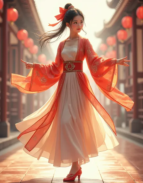 a girl in a dress with a big bow on her head, by Lü Ji, korean artist,she is Dancing, Wide angel photo,wearing a beautiful shoe,wearing Kimono,portrait of female korean idol, eye white). full body realistic, realistic anime art style, kawaii realistic port...