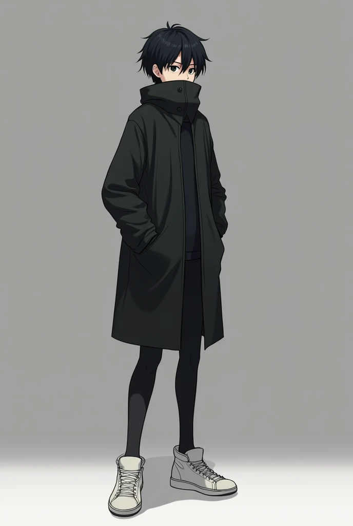 A 10 feet Tall short black hair, Closed mouth, serious, kuudere anime boy, black Gakuran collar covering mouth, black eyes,2D default standing, Long legs, White sneakers,2D default standing, Facing the viewer 