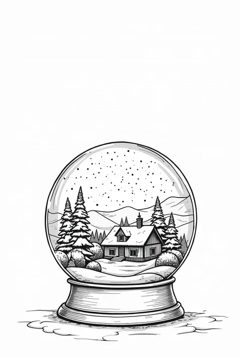 Create a thick line drawing (black and white) for my colouring book for s.  A snow globe showing a festive winter scene.
