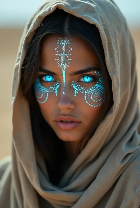 A young woman with light skin, likely of Middle Eastern or North African descent. Shes positioned in the center of the image, in a three-quarter view.  Her expression is serious or thoughtful. Her face is adorned with intricate, glowing, light-blue pattern...