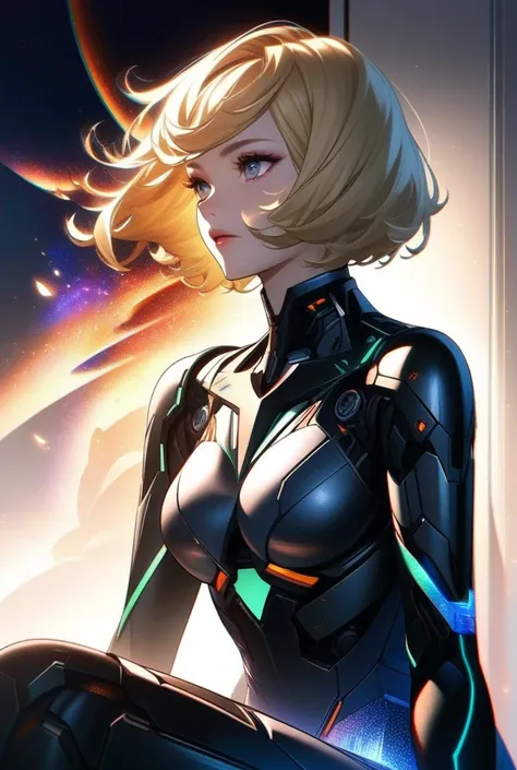 A striking, hyperrealist anime animated image of a female cyborg character by artist Jim lee The digital image features a woman with blonde hair styled in a bob-like cut, seated in a powerful and relaxed posture. She wears a futuristic, mechanical-looking ...