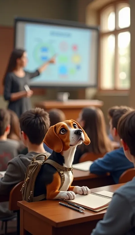 Inside a grand lecture hall filled with students. Max(A Beagle, Max has a sleek, short coat with a mix of brown, white, and black patches. He has large, expressive brown eyes, floppy ears, and a wagging tail that never stops. He often wears a small, stylis...