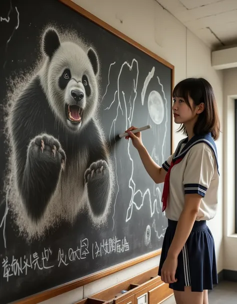 ultra-realistic, photorealistic, dramatic scene, shadow, global-illumination, solo, (perfect anatomy), (1 beautiful teenage Japanese high school student girl), wearing high school sailor uniform, in a classroom, the girl is drawing(dessin style, faded, mon...