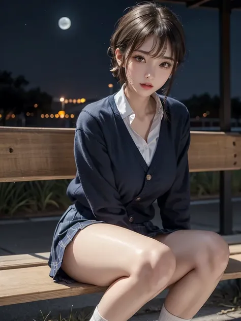 20 year old Japanese woman, Black Hair, (High Top Fade:1.3), Dark Theme, Calm tone, Calm colors, High Contrast, (Natural skin texture, Hyperrealism, Soft Light, sharp), Night Sky, full moon, Move the whole body:1.8, school uniform, navy jacket, plaid pleat...