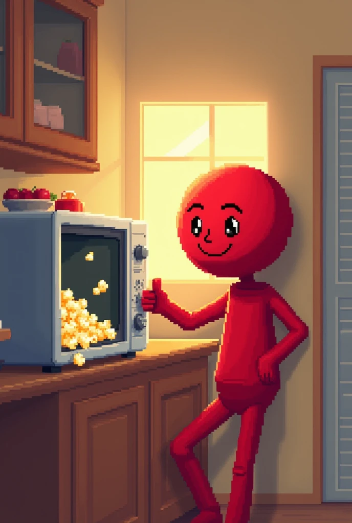  Red Stickman heating popcorn in a microwave in the kitchen,  good-looking face , leaning against a wall.  Pixel art 