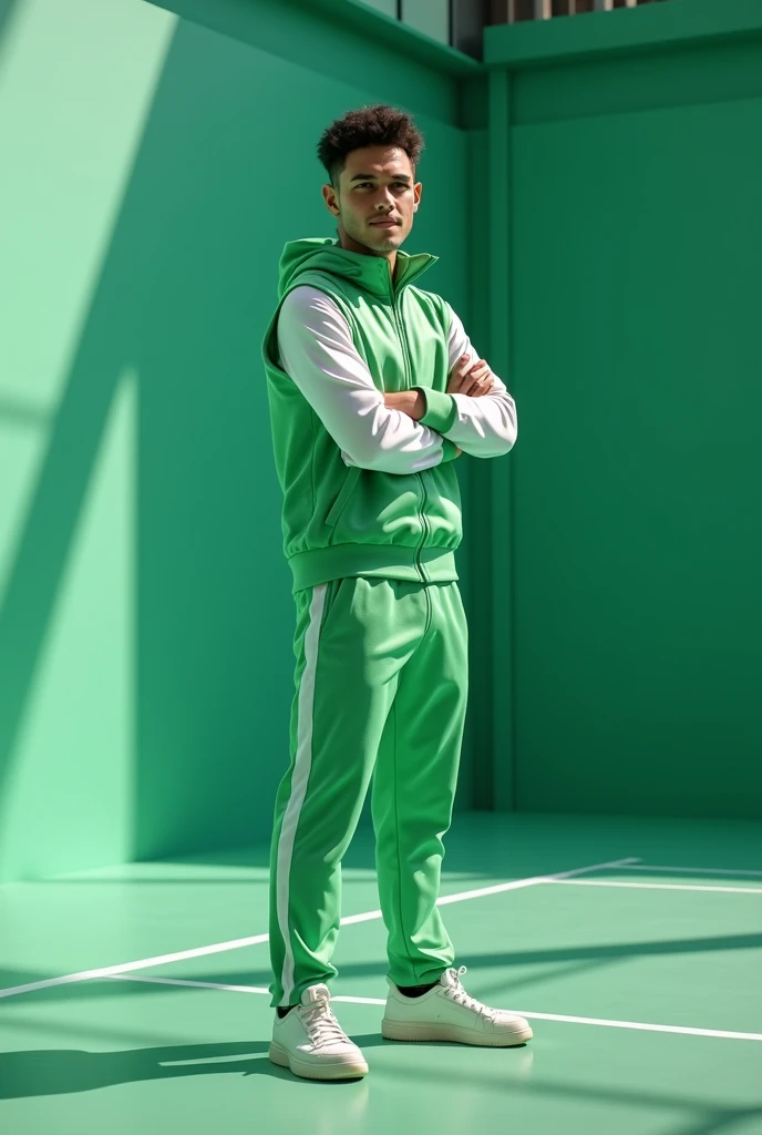 Cute man wearing a green and white tracksuit, standing upright, stately, leading, standing on a table tennis court.