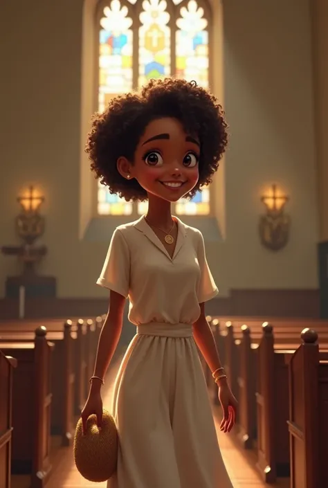 a woman, king, with 1,54 inches tall, with clothes, with a beautiful smile,  short curly hair, Brazilian, Doing the work in the church