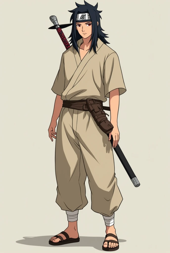  make a fictional male character inspired by the Naruto anime,  He is a 16-year-old teenager , average height and adult appearance , no mustache, Does he have a konoha headband , has red eyes,  long black hair , He wears loose beige clothing ,  he is a hea...