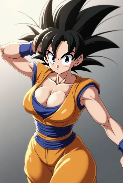 Goku Black hair black eyes Huge Breast poping out and Huge Butt and And a Orange Short sleeved Shirt Blue sleeves and Orange pants and blue rist bands with blue boots with a sad look on her face looking Ath the Huge Breast Sad 