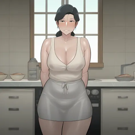 By NtrMan, masterpiece,mother,milf,in her 40s,,40 years old thick body, sexy, black eyes,black hair,long hair, enormous boobs, XXXL boobs size,white mini top, white skirt, seductive look, standing in kitchen ,front view , cleavage, thick thighs 