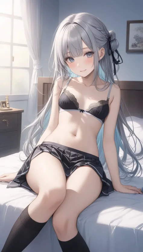   ONE CUTE -OLD GIRL ,Young Face、 slim figure、Thin legs、7.5 heads、((Beautiful thin black silver hair ))、( light blue inner colored hair )、((A neat and serious hairstyle with the tips of the hair neatly aligned ))、(((The scene has an immoral atmosphere wher...