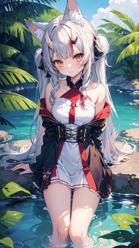 masterpiece, High quality anime illustration ,   super detailed ,  a girl ,  solo focus ,  Beautiful girl with silver hair cat ears, Anime Change, Cat-eared loli, Thigh focus, Good Buster,  Bathing in a desert oasis , Soaked