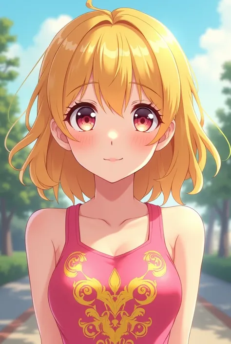 A blonde white girl wearing a pink tank top with yellow designs on it. Anime style.