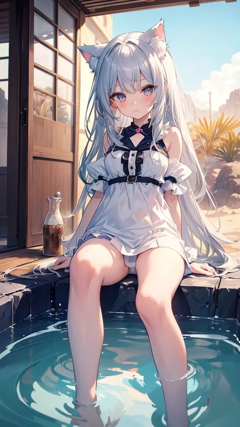 masterpiece, High quality anime illustration ,   super detailed ,  a girl ,  solo focus ,  Beautiful girl with silver hair cat ears, Anime Change, Cat-eared loli, Thigh focus, Good Buster,  Bathing in a desert oasis , Soaked