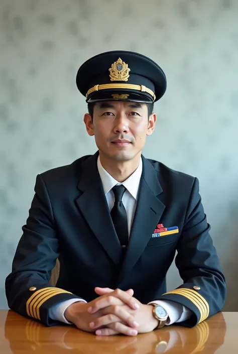 A man in his 30s wears a Singapore airline pilots uniform as well as his hat and tie, sitting at the table facing the camera 