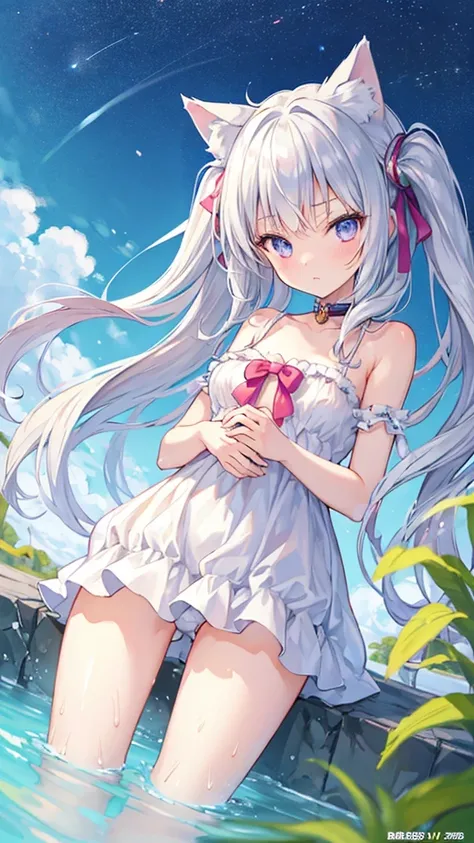 masterpiece, High quality anime illustration ,   super detailed ,  a girl ,  solo focus ,  Beautiful girl with silver hair cat ears, Anime Change, Cat-eared loli, Thigh focus, Good Buster,  Bathing in a desert oasis , Soaked