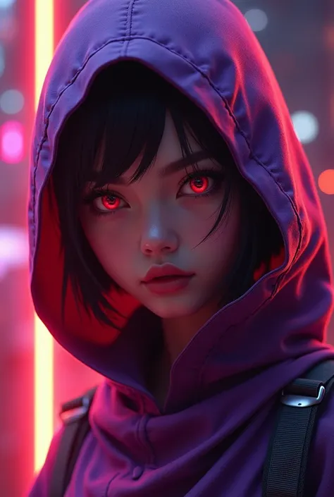 A ninja gamer in purple and red outfit, beautiful detailed eyes, beautiful detailed lips, extremely detailed face and features, long eyelashes, dynamic action pose, Unreal Engine, 8k, photorealistic, volumetric lighting, vibrant colors, dramatic chiaroscur...