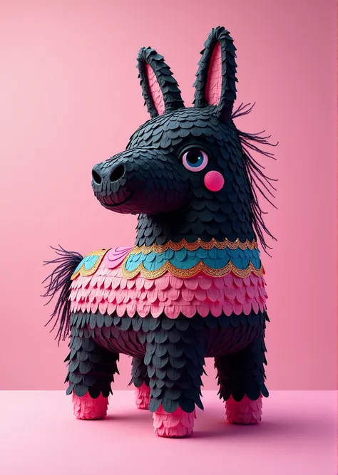 A logo with a piñata that has the colors black, pink and gold or silver 